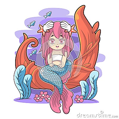 mermaid cute sitting on the sea weed vector illustration design Vector Illustration