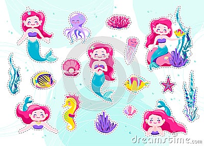 Mermaid cute stickers, cartoon little princess patch. Vector illustration. Fun sea character design isolated on white Vector Illustration