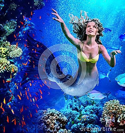 Mermaid dive underwater through coral Stock Photo
