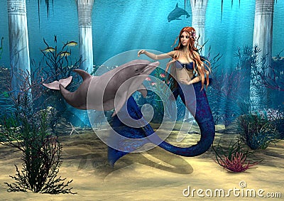 Mermaid and Dolphin Stock Photo