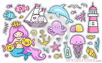 Set of cartoon stickers, patches, badges, pins, prints for kids. Stock Photo