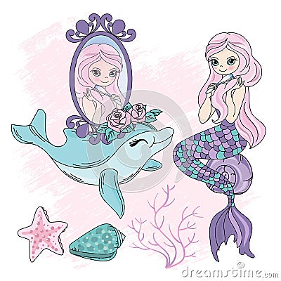 MERMAID EYES Underwater Fairy Tropical Vector Illustration Set Stock Photo