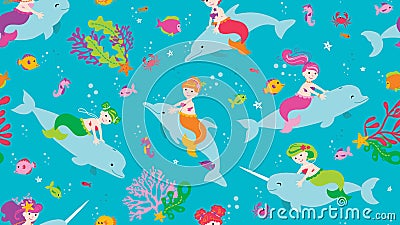 Mermaid friends riding dolphins seamless vector pattern Vector Illustration