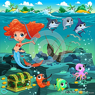 Mermaid with funny animals on the sea floor Vector Illustration