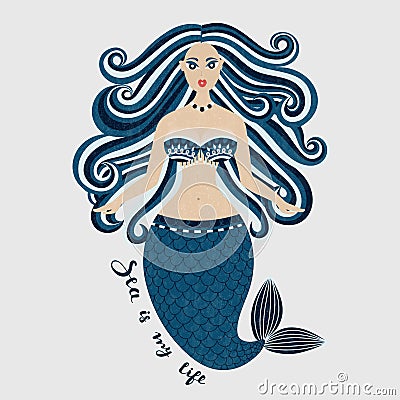 Mermaid. Hand drawn sea girl. Beautiful woman with tail. Marine summer design. Nixie with wild hair. Summertime Vector Illustration