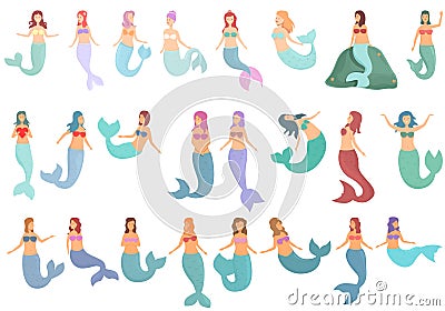 Mermaid icons set cartoon vector. Cute girl Vector Illustration