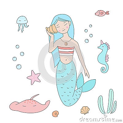 Mermaid listens to music from the shell Vector Illustration