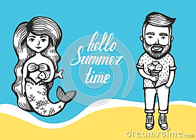 Mermaid with long hair and fish and Hipster with ice cream on a marine background. summer Doodle with lettering. cartoon Vector Illustration