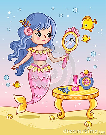 The mermaid looks in the mirror near the table among the fish underwater. Vectral illustration Vector Illustration