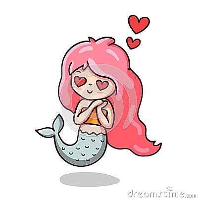 Mermaid in love with hearts eyes. Vector Illustration