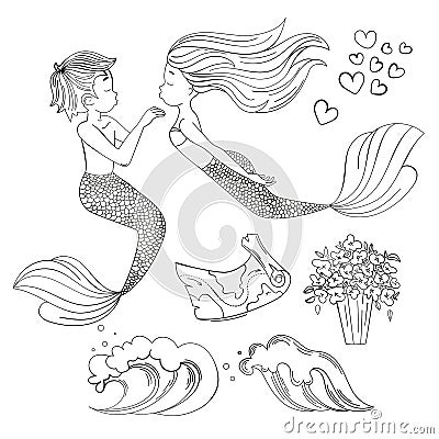 MERMAID LOVER Cartoon Monochrome Vector Illustration Set Stock Photo