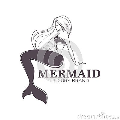 Mermaid marine brand isolated monochrome icon girl with fishtail Vector Illustration