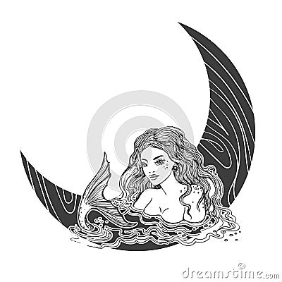 Mermaid on a moon. Black and white vector graphics Vector Illustration