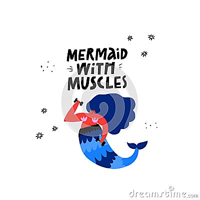 Mermaid with muscles hand drawn banner template Vector Illustration