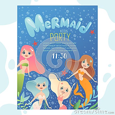 Mermaid party invitation. Design template invite kids birthday cards with funny underwater characters fish and young Vector Illustration