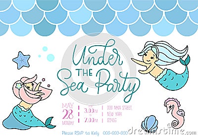 Mermaid party invitation for little girl mermaid. Greeting card Vector Illustration