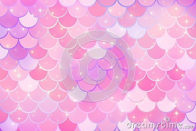Mermaid pink background with scale and stars. Iridescent glitter fish tail pattern. Kawaii vector texture. Vector Illustration