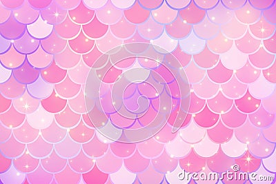 Mermaid pink background with scale and stars. Iridescent glitter fish tail pattern. Kawaii vector texture. Stock Photo