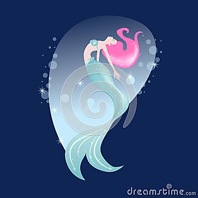 Mermaid with pink hair. Mermaid in the sea. Cartoon Illustration