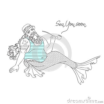 Mermaid with pipe and text Sea You Soon. Vector. Linear. Vector Illustration