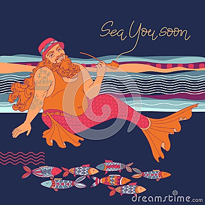Mermaid with pipe and text Sea You Soon. Vector. Flat. Vector Illustration