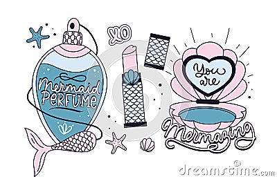 Mermaid quotes and prints set. Mermaid soul. Mermaid perfume. Mermaid off duty. You are mermazing. Inspirational prints and quotes Vector Illustration