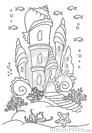 Mermaid s castle at ocean bottom. Vector Illustration