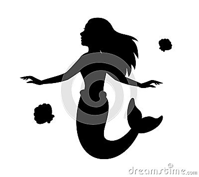 Mermaid with a sea shell. Mythical tale logo. Little creature with tail. Magical mermaid black symbol Vector Illustration