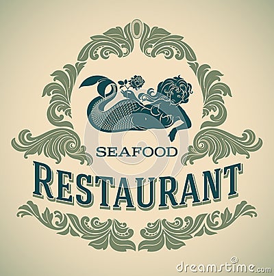 Mermaid seafood restautant label Vector Illustration