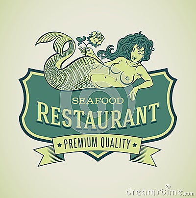 Mermaid seafood restautant label Vector Illustration