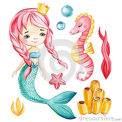 Mermaid, seahorse, bubbles on an isolated white background. Watercolor summer marine clipart Cartoon Illustration