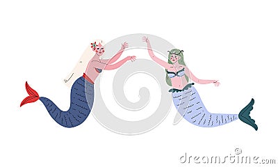 Mermaid or Seamaid with Lush Hair Floating Underwater Vector Set Vector Illustration