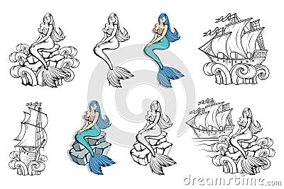 Mermaid set. Magic world illustration. Hand drawn mermaid. Fantasy world. Vector Illustration