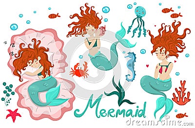 Mermaid set of three mermaids, underwater animals and algae Stock Photo