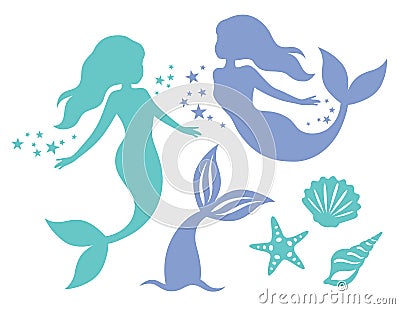 Mermaid and Shell Silhouette Vector Illustration