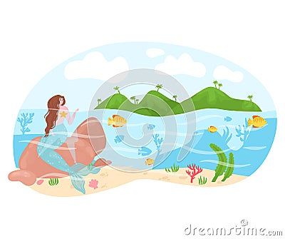 Mermaid sitting on rock underwater by tropical island. Fairytale sea princess, ocean life scene. Fantasy marine Vector Illustration