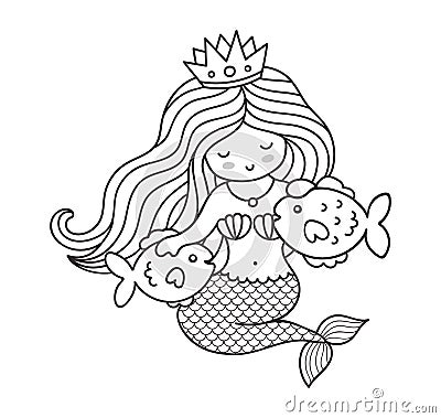 Mermaid, sitting on a seabed, with two little fish. Vector Illustration