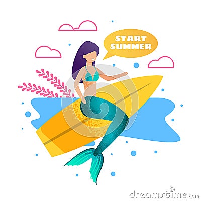 Mermaid on Surfboard Metaphor Advertising Banner Vector Illustration