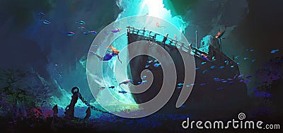 Mermaid surrounds the sunken ship at the bottom of the sea. Stock Photo