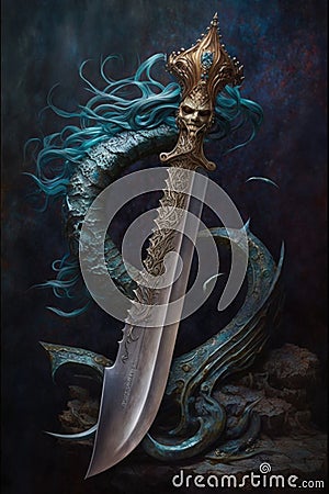 mermaid sword, with a blade forged from the fangs of a sea serpent and a hilt carved from the bones of a mermaid. AI Stock Photo