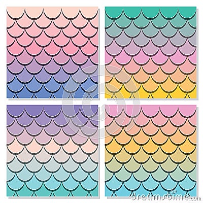 Mermaid tail pattern set. Paper cut out 3d fish skin background. Pastel spectrum colors. Vector Illustration