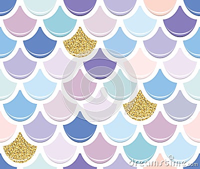 Mermaid tail seamless pattern with gold glitter elements. Colorful fish skin background. Trendy pastel pink and purple Vector Illustration