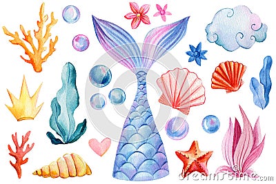 Mermaid tail, seashells, crown, bubbles, coral and pearl on an isolated white background. Watercolor drawing Cartoon Illustration