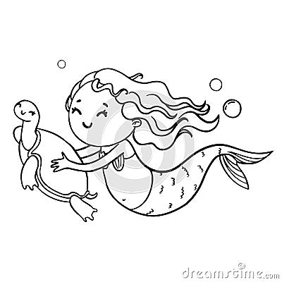 Mermaid and turtle contour illustration. Vector coloring book page Cartoon Illustration