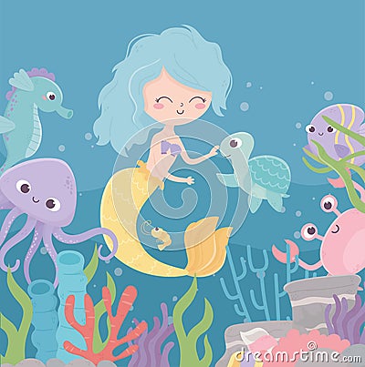 Mermaid turtle octopus seahorse shrimp under the sea Vector Illustration