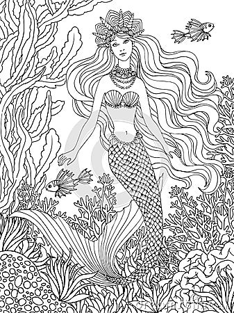 Mermaid undersea, hand drawn linen vector illustration on a white background for coloring book Vector Illustration