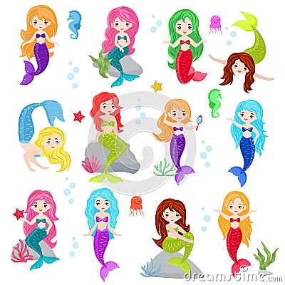 Mermaid vector cartoon seamaid character girl with beautiful tale and colorfil hair underwater seabed illustartion set Vector Illustration