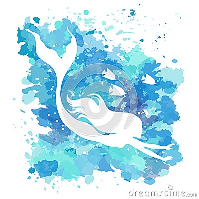 Mermaid, vector silhouette illustration on watercolor spots background. Vector Illustration