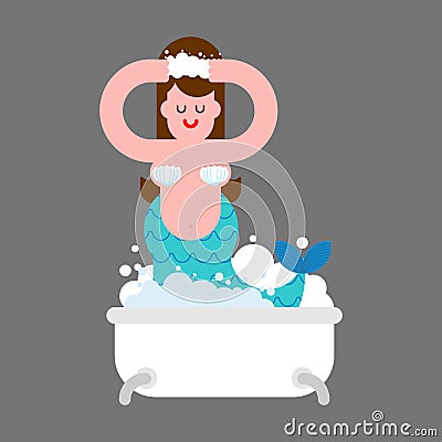 Mermaid washes in bath. Mythical girl with fish tail. Vector ill Vector Illustration