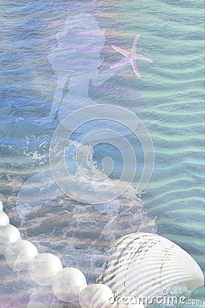 Mermaidcore aesthetics. Blue Mermaid silhouette, sea star on wavy sea background with seashell and pearls Stock Photo